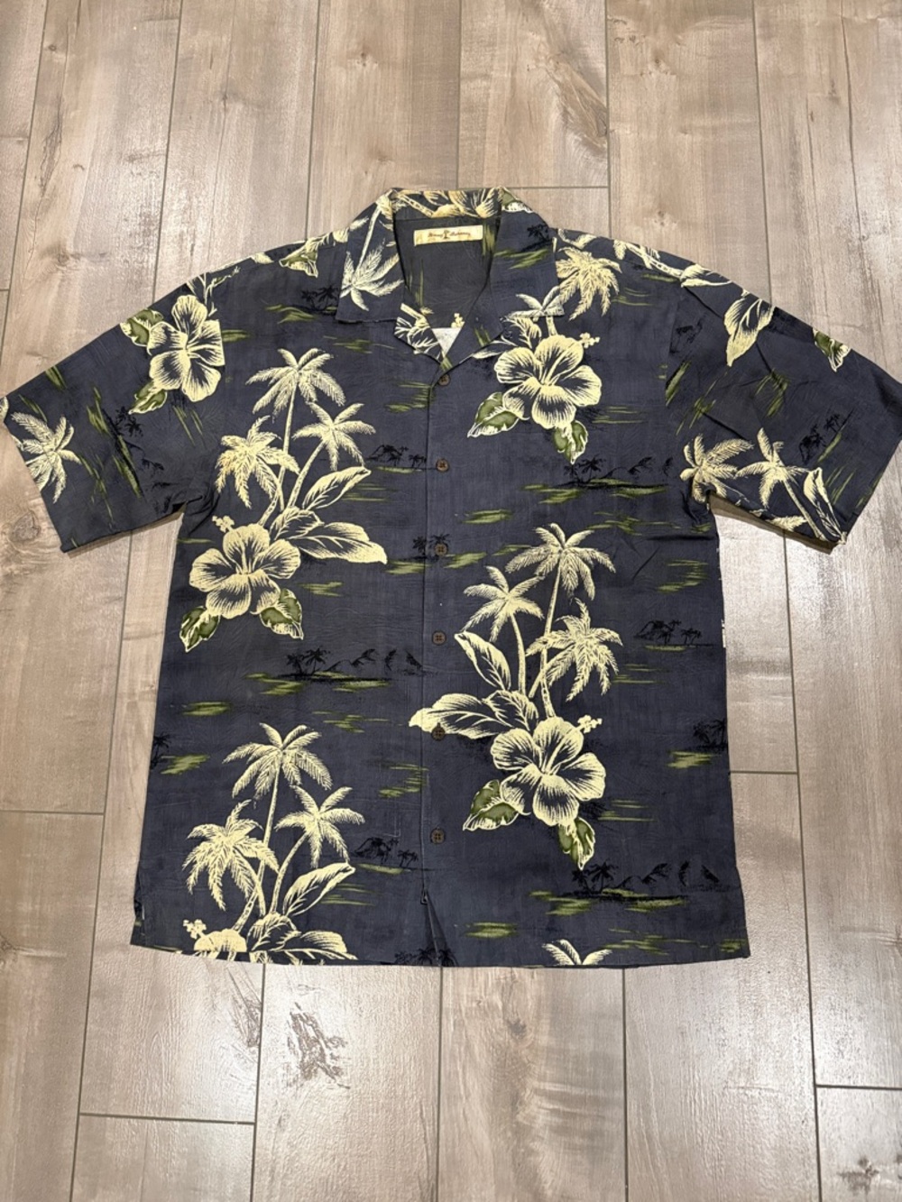 Tommy Bahama Navy Hawaiian Floral Camp Shirt with Cream Blooms